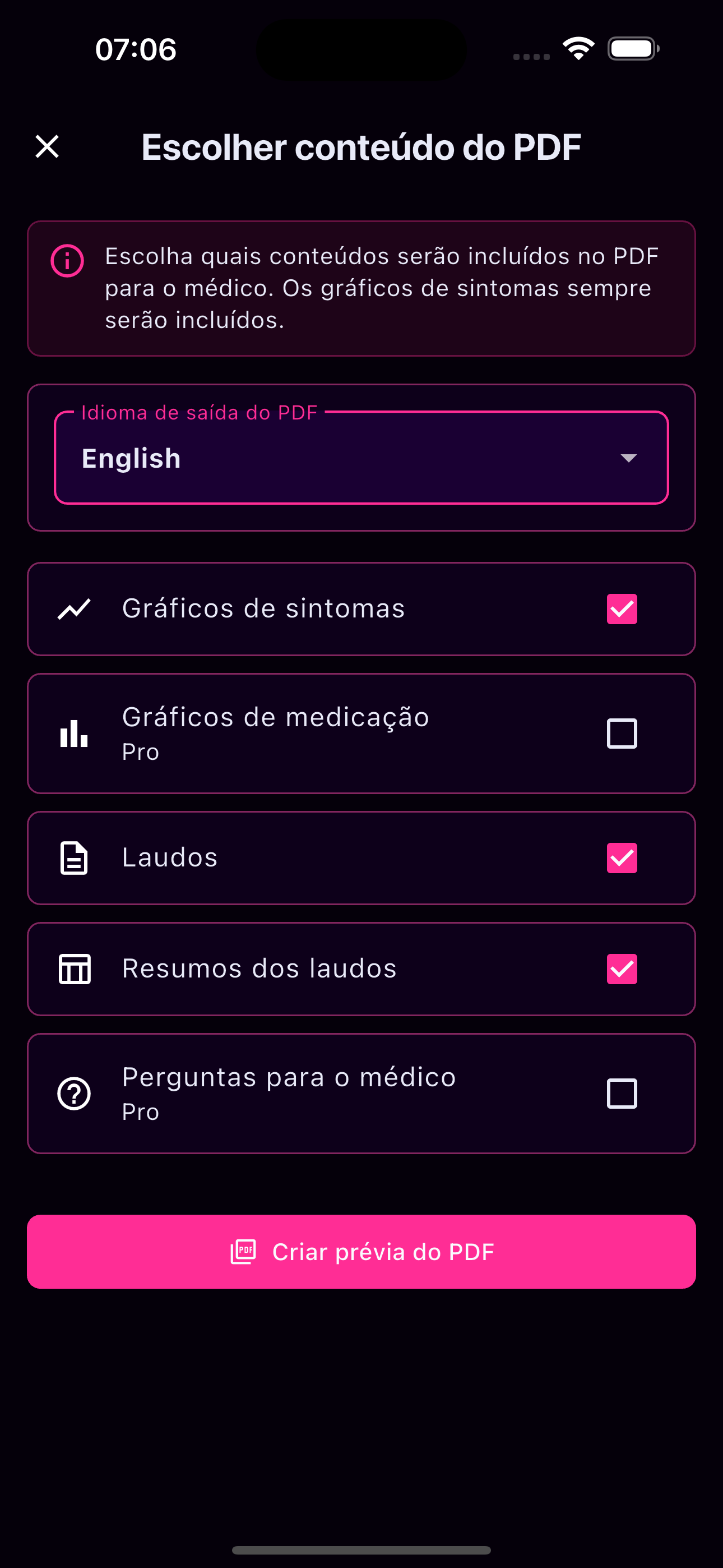 Evolução de sintomas com gráficos